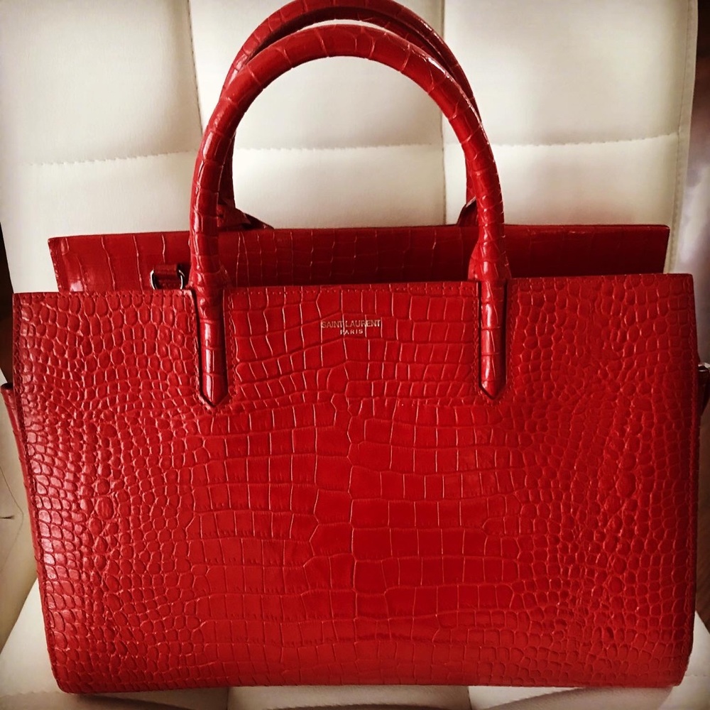 YSL❤️Saint Laurent Cabas Rive Gauche Glossy Red Crocodile Embossed Leather